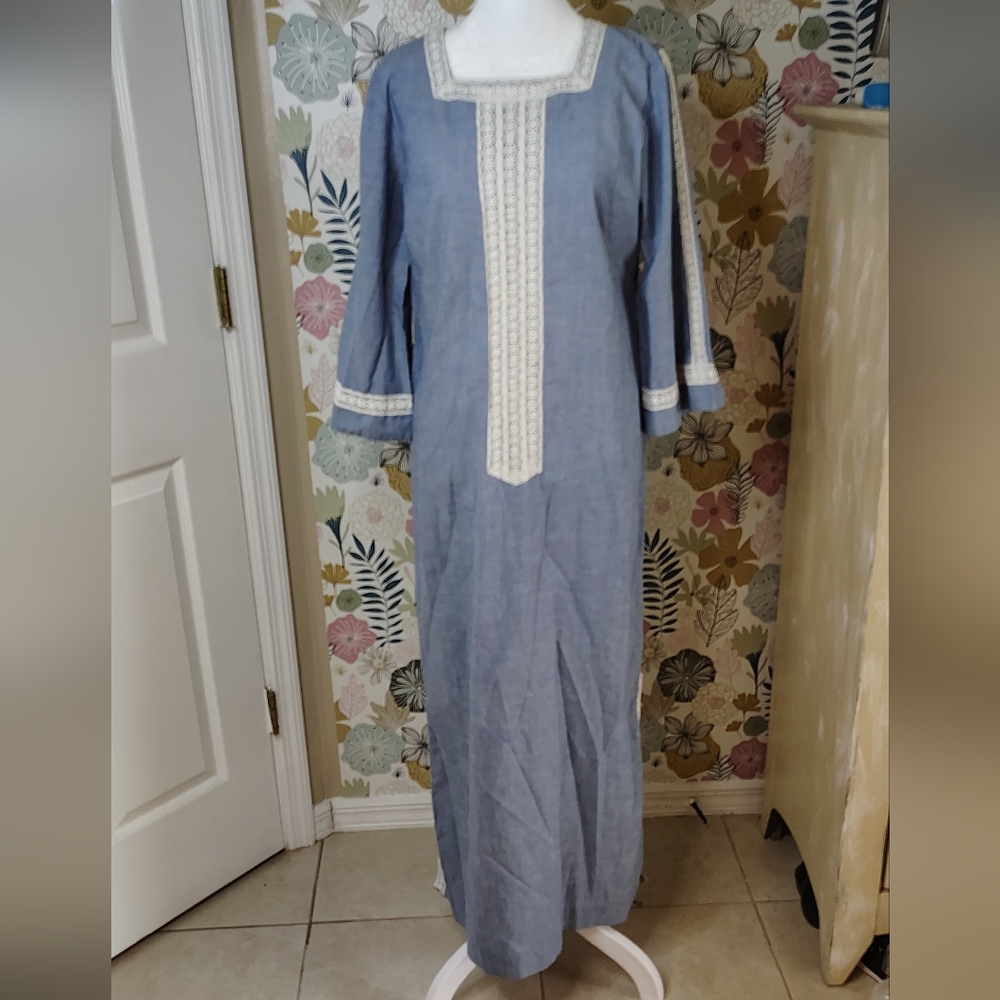 Vintage Polynesian Casuals Hawaiian Blue Tunic Dress  Coverup Housecoat Size 12